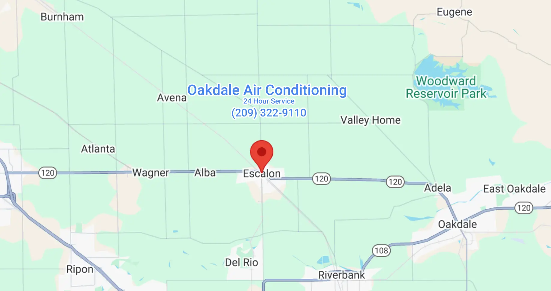 Detailed map highlighting Oakdale Air Conditioning service area in Escalon, CA - optimized for desktop view.