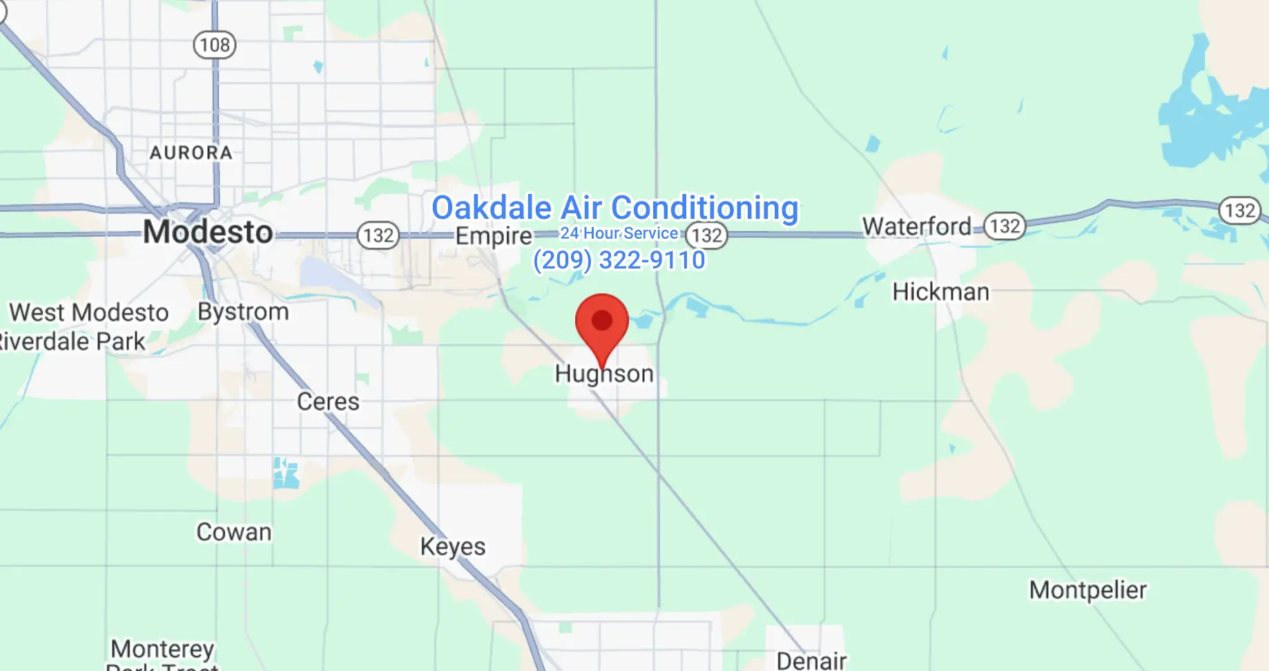 Detailed map highlighting Oakdale Air Conditioning service area in Hughson, CA - optimized for desktop view.