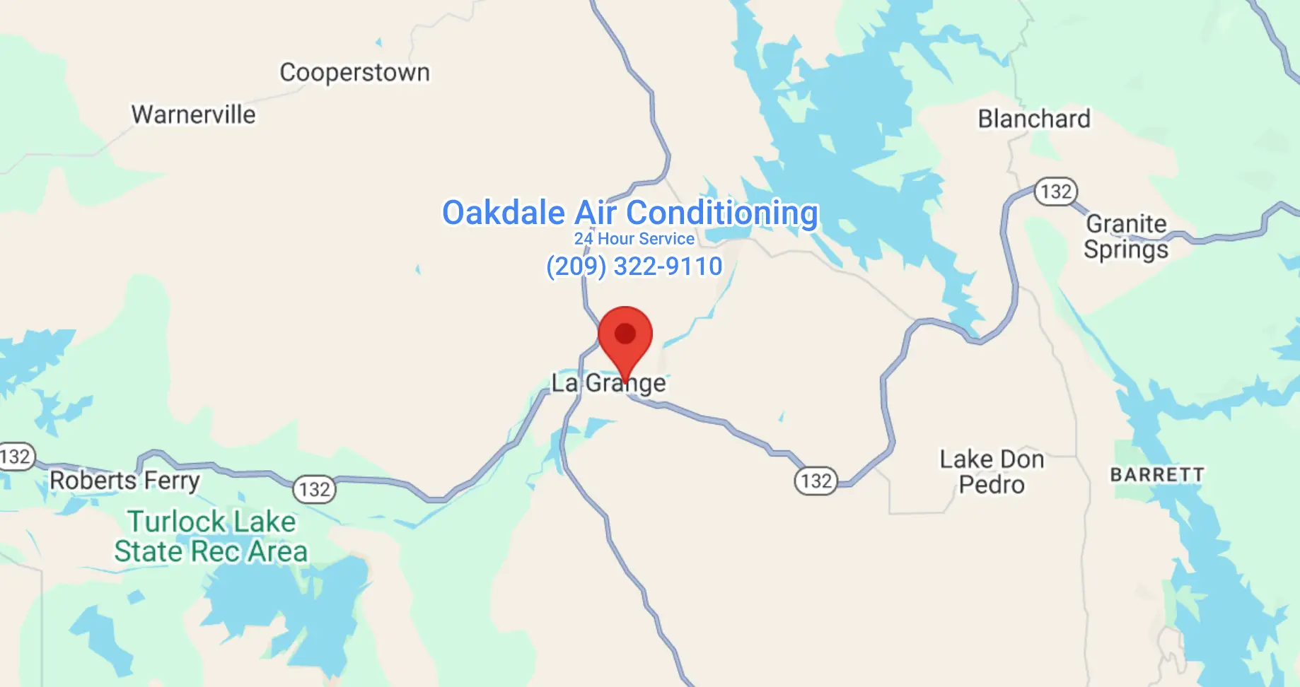 Detailed map highlighting Oakdale Air Conditioning service area in La Grange, CA - optimized for desktop view.