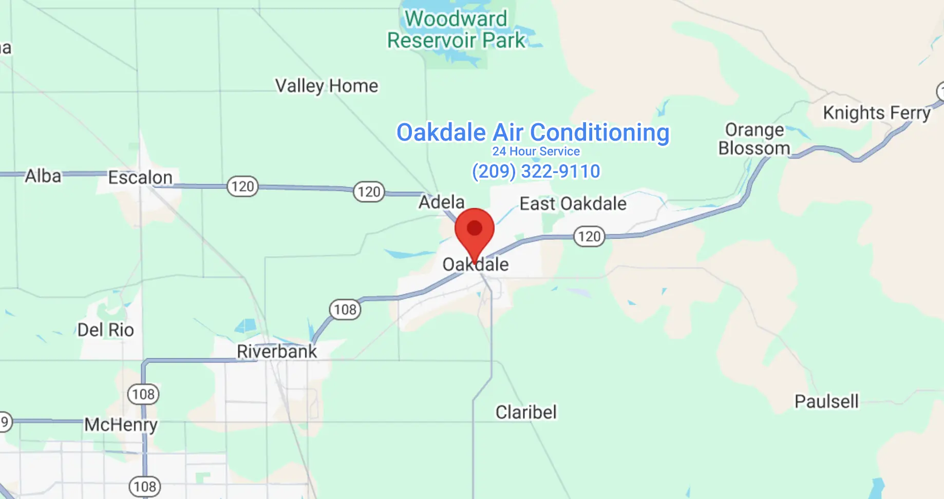 Detailed map highlighting Oakdale Air Conditioning service area in Oakdale, CA - optimized for desktop view.