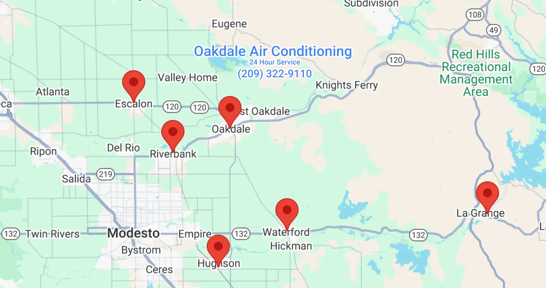 Service area map showing locations served by Oakdale Air Conditioning in Oakdale, CA, Riverbank, CA, Escalon, CA, Waterford, CA, Hughson, CA, and La Grange, CA