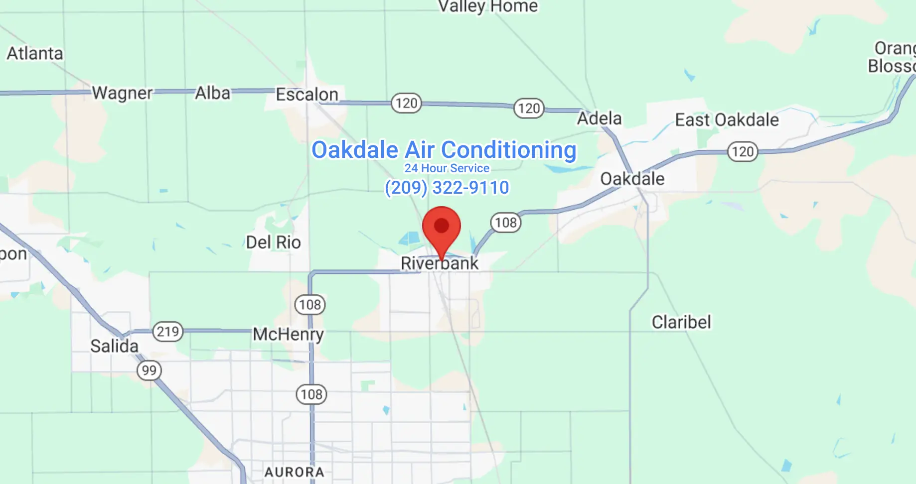 Detailed map highlighting Oakdale Air Conditioning service area in Riverbank, CA - optimized for desktop view.