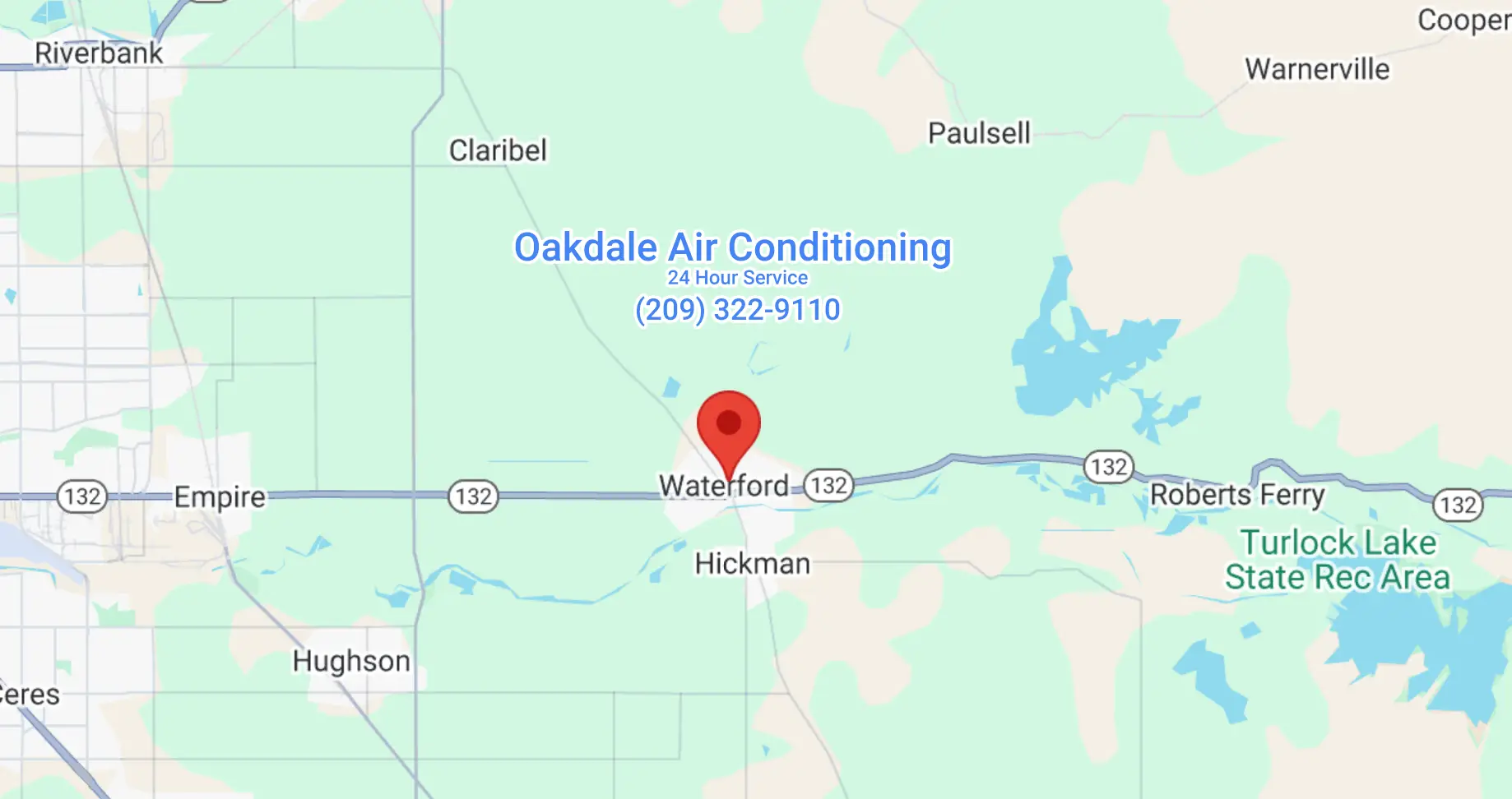 Detailed map highlighting Oakdale Air Conditioning service area in Waterford, CA - optimized for desktop view.